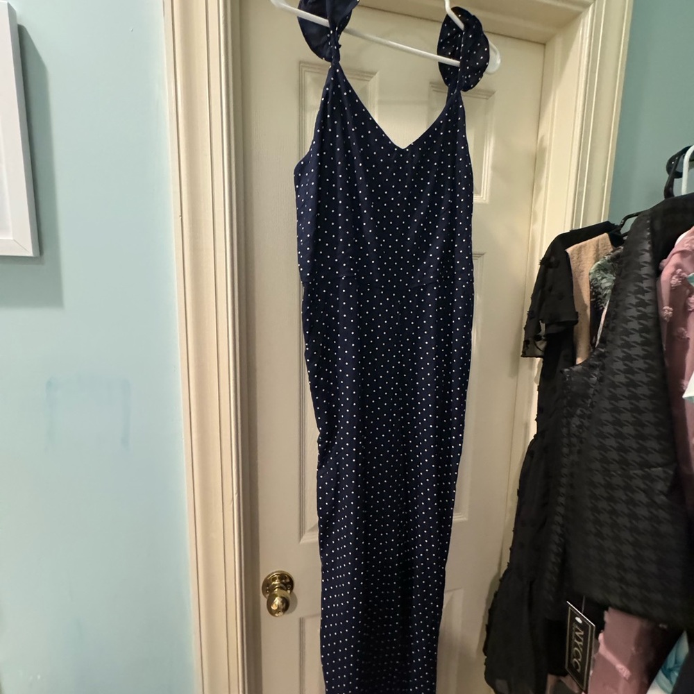 Navy jumpsuit with white dots